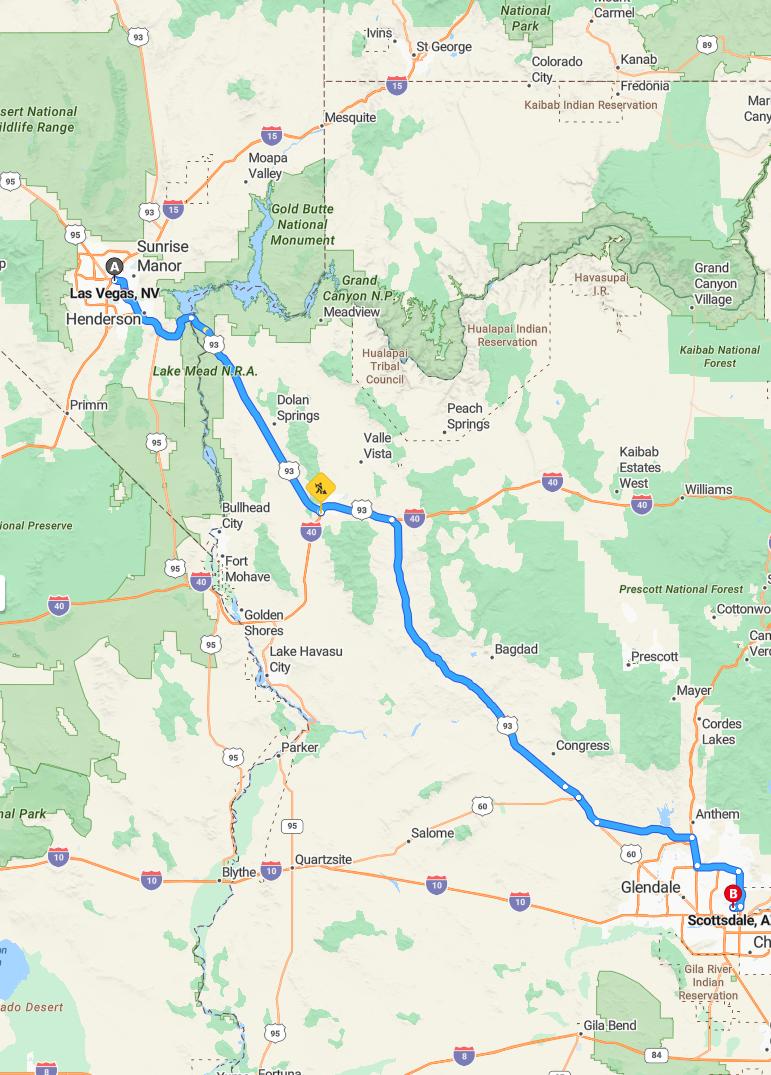 driving from Las Vegas, Nevada to ScottsdaleArizona - map and route
