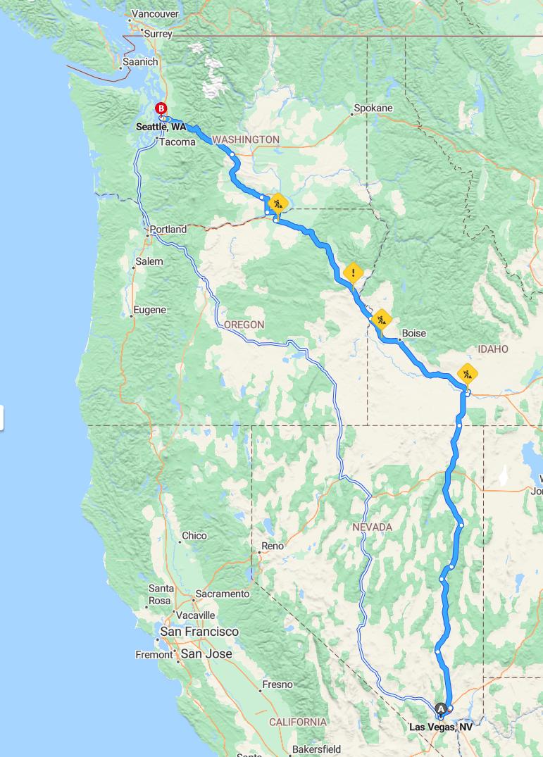 driving from Las Vegas, Nevada to SeattleWashington - map and route