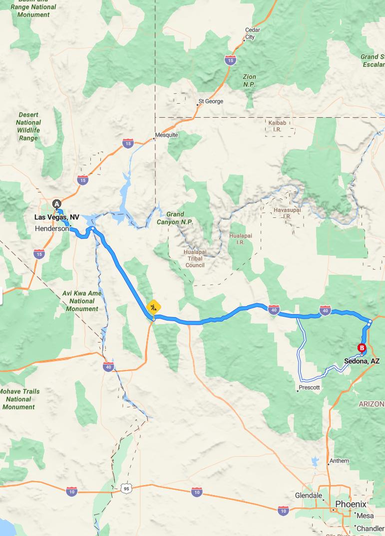 driving from Las Vegas, Nevada to SedonaArizona - map and route