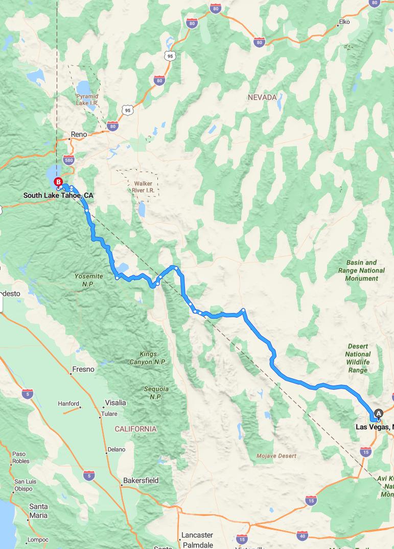 driving from Las Vegas, Nevada to South Lake TahoeCalifornia - map and route