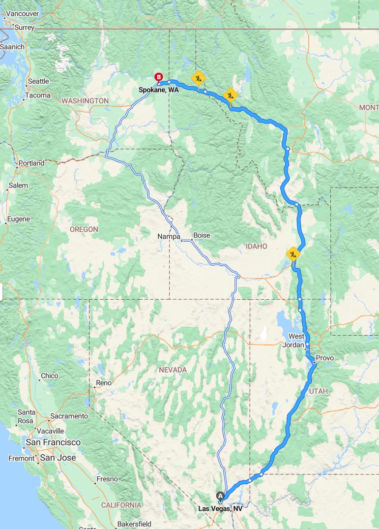 driving from Las Vegas, Nevada to SpokaneWashington - map and route