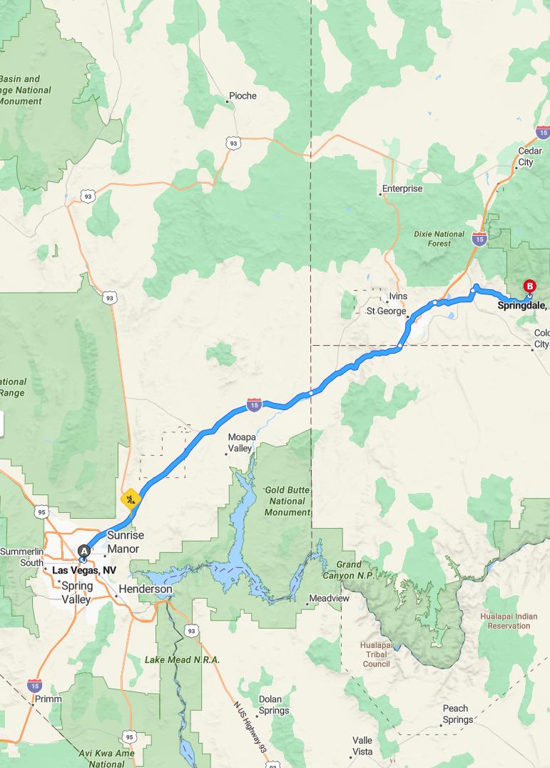 driving from Las Vegas, Nevada to SpringdaleUtah - map and route