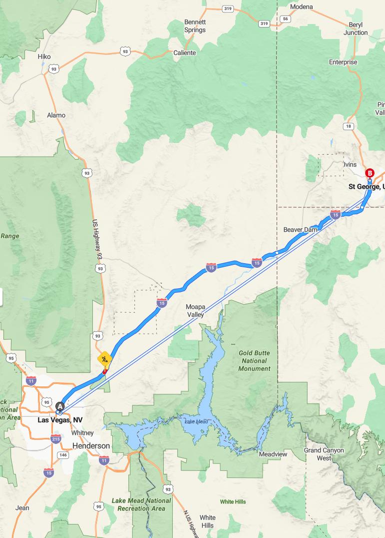driving from Las Vegas, Nevada to St. GeorgeUtah - map and route