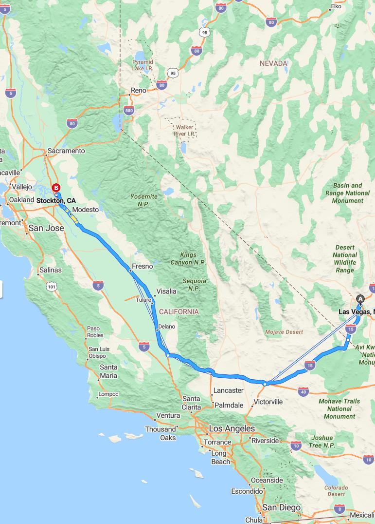 driving from Las Vegas, Nevada to StocktonCalifornia - map and route