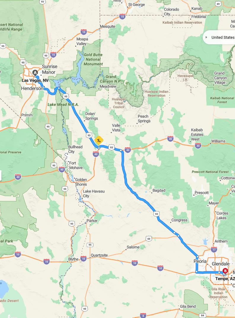 driving from Las Vegas, Nevada to TempeArizona - map and route