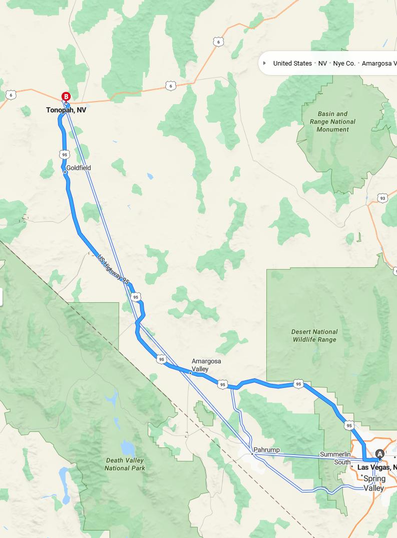 driving from Las Vegas, Nevada to TonopahNevada - map and route