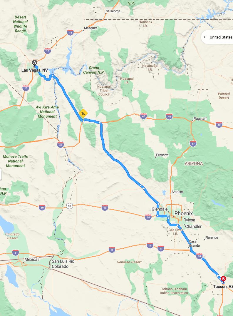 driving from Las Vegas, Nevada to TucsonArizona - map and route