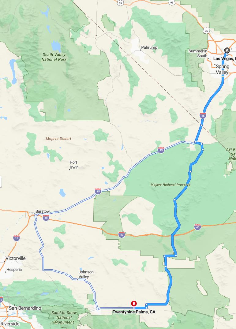driving from Las Vegas, Nevada to Twentynine PalmsCalifornia - map and route