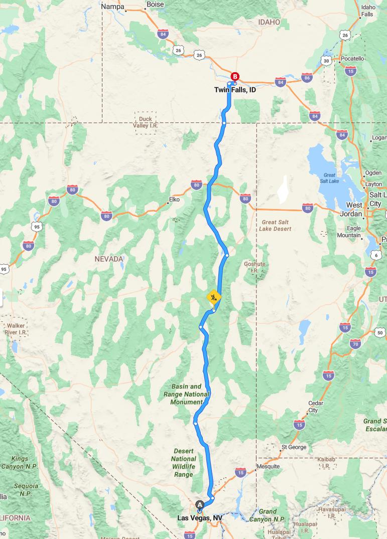 driving from Las Vegas, Nevada to Twin FallsIdaho - map and route
