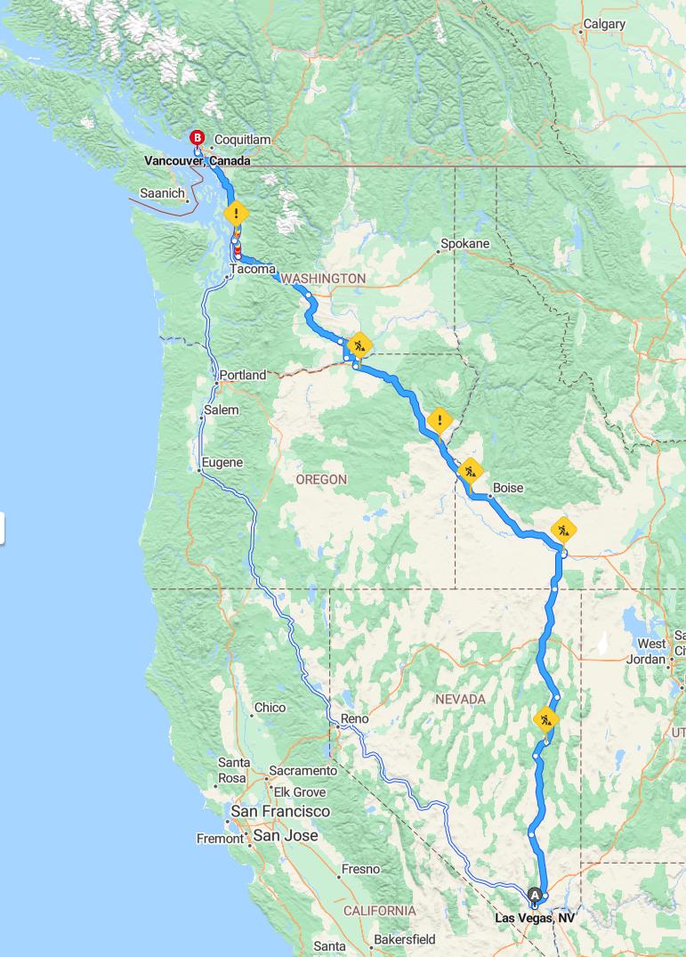 driving from Las Vegas, Nevada to VancouverBritish Columbia - map and route