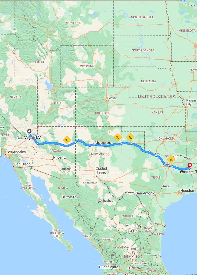 driving from Las Vegas, Nevada to WaskomTexas - map and route