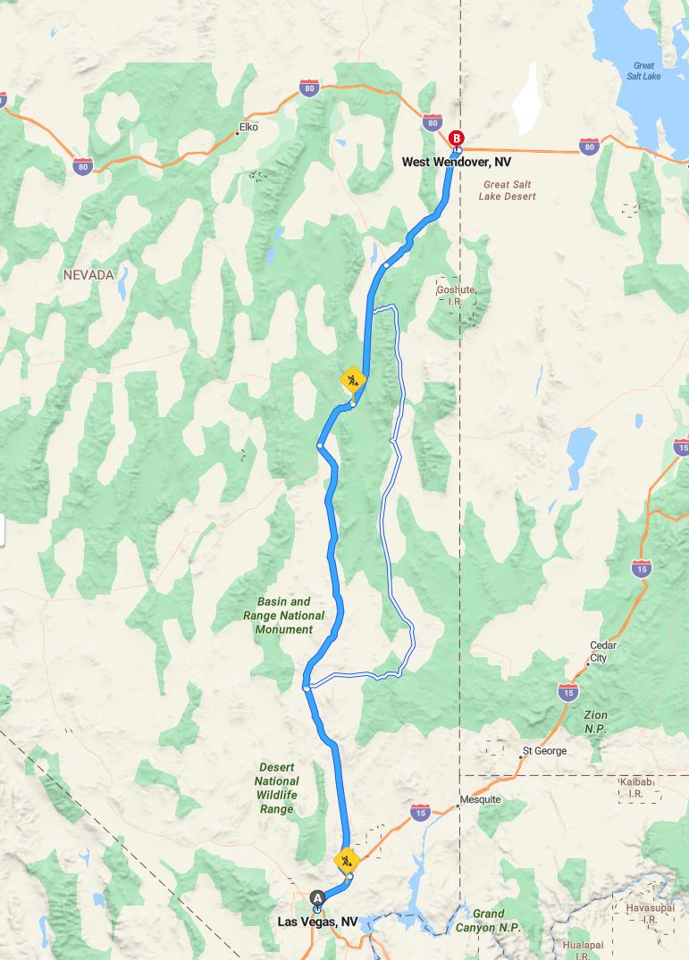 driving from Las Vegas, Nevada to WendoverNevada - map and route