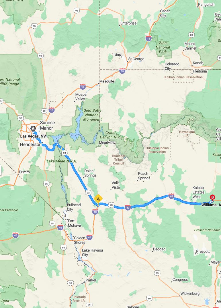 driving from Las Vegas, Nevada to WilliamsArizona - map and route