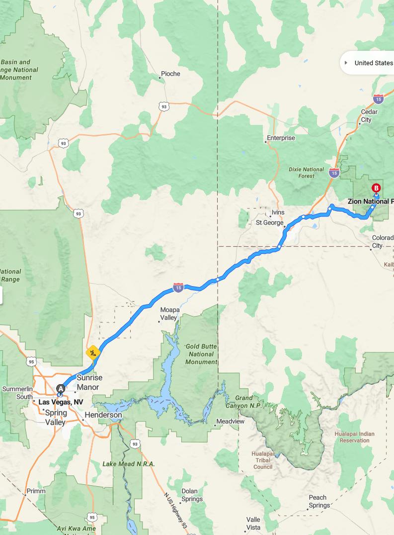 driving from Las Vegas, Nevada to Zion National ParkUtah - map and route