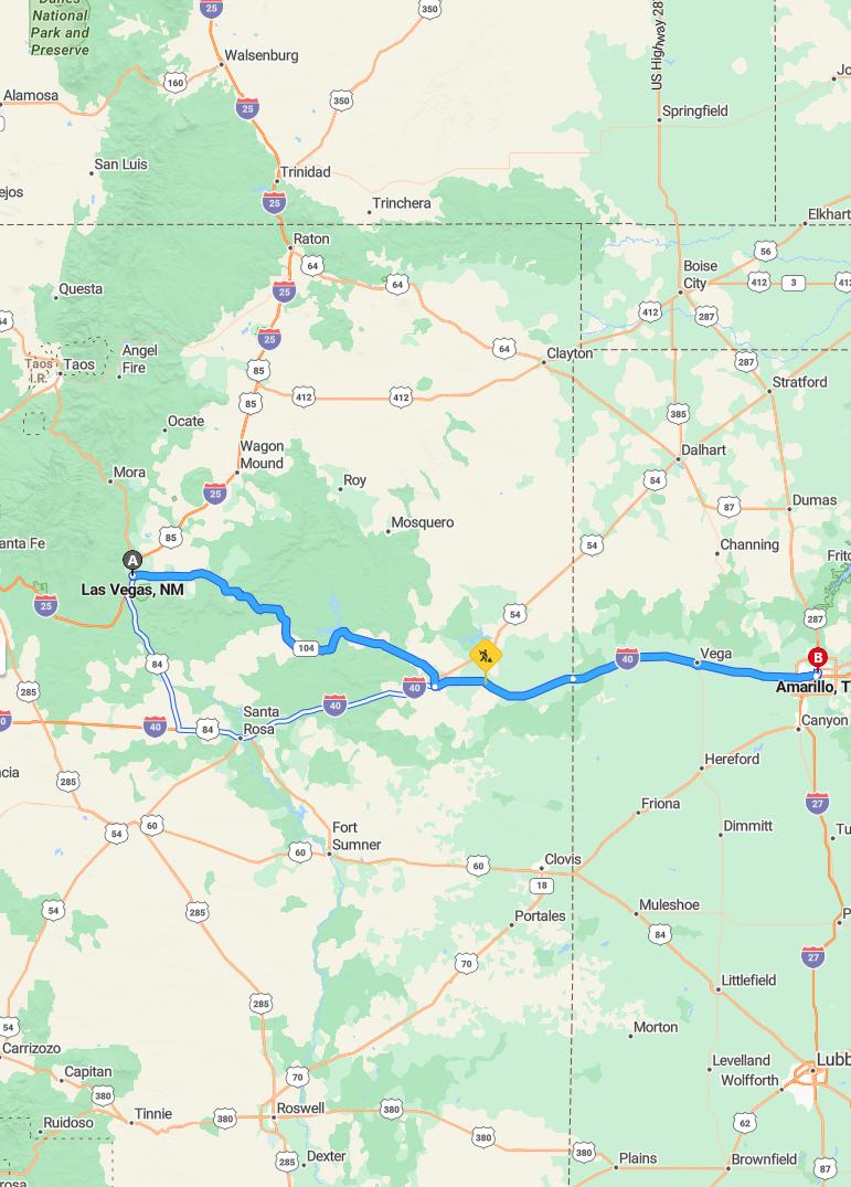 driving from Las Vegas, New Mexico to AmarilloTexas - map and route