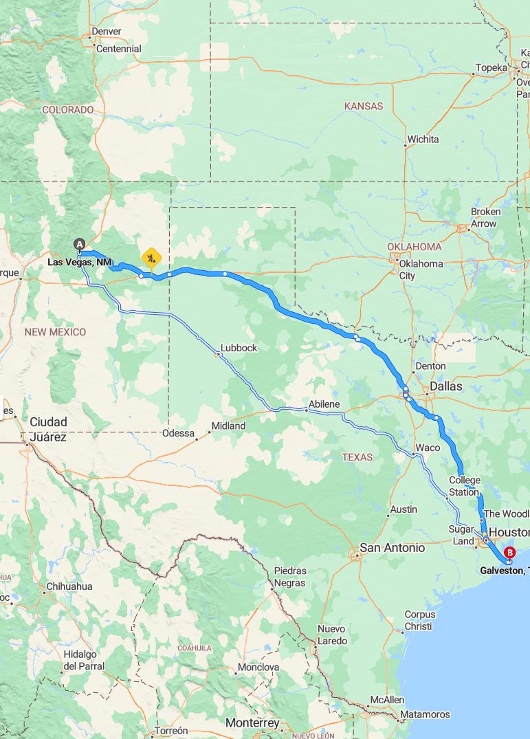 driving from Las Vegas, New Mexico to GalvestonTexas - map and route