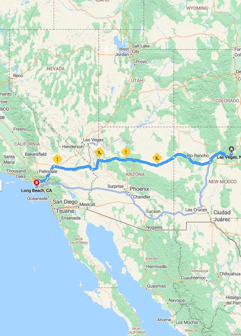 driving from Las Vegas, New Mexico to Long BeachCalifornia - map and route