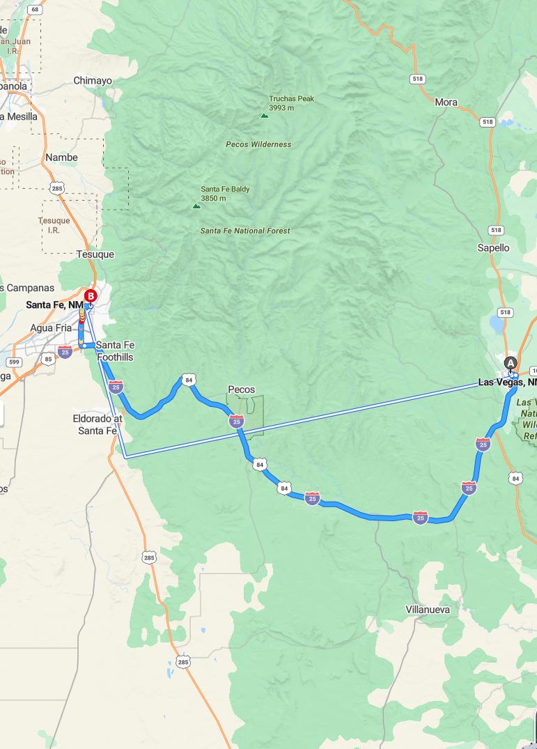 driving from Las Vegas, New Mexico to Santa FeNew Mexico - map and route