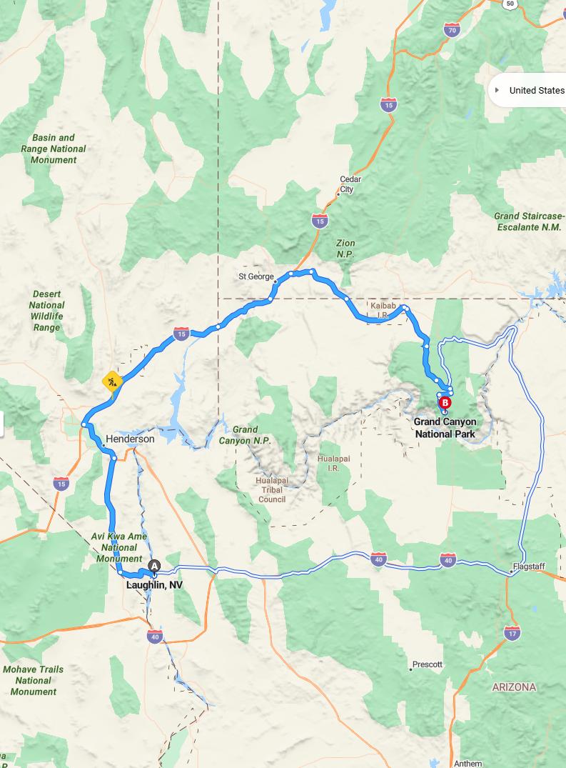 driving from Laughlin, Nevada to Grand CanyonArizona - map and route