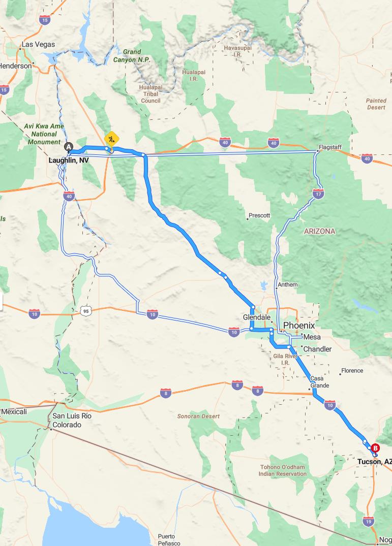 driving from Laughlin, Nevada to TucsonArizona - map and route