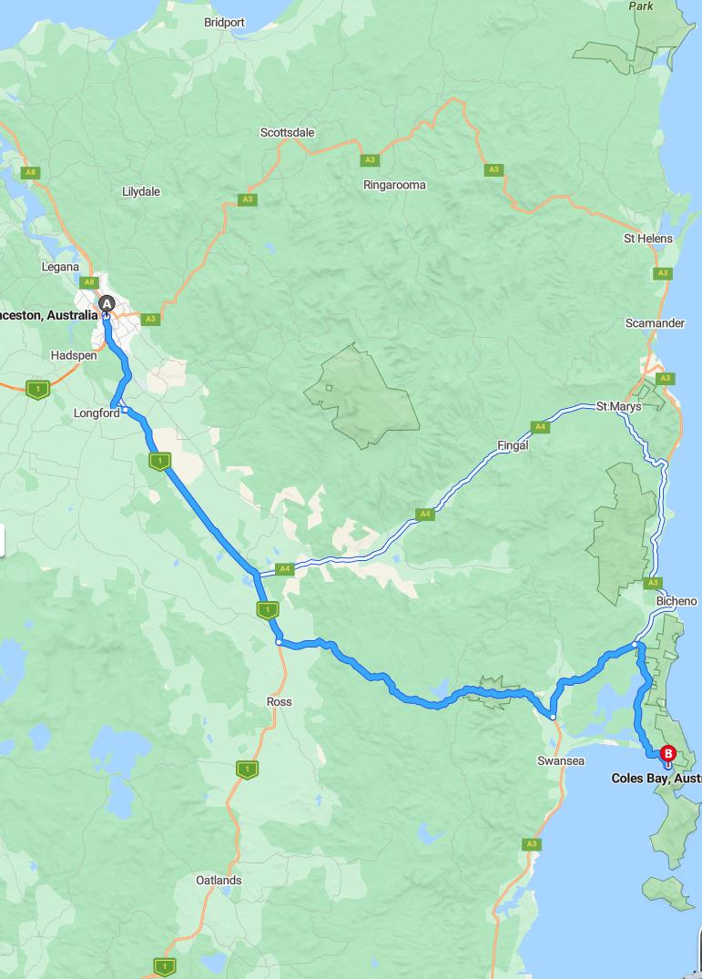 driving from Launceston, Tasmania to Coles BayTasmania - map and route