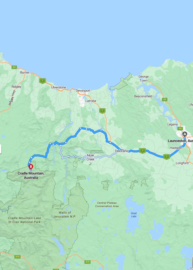 driving from Launceston, Tasmania to Cradle MountainTasmania - map and route