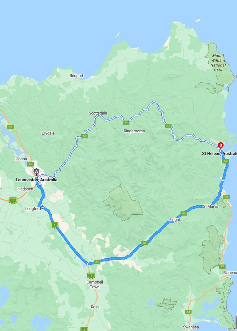 driving from Launceston, Tasmania to St HelensTasmania - map and route