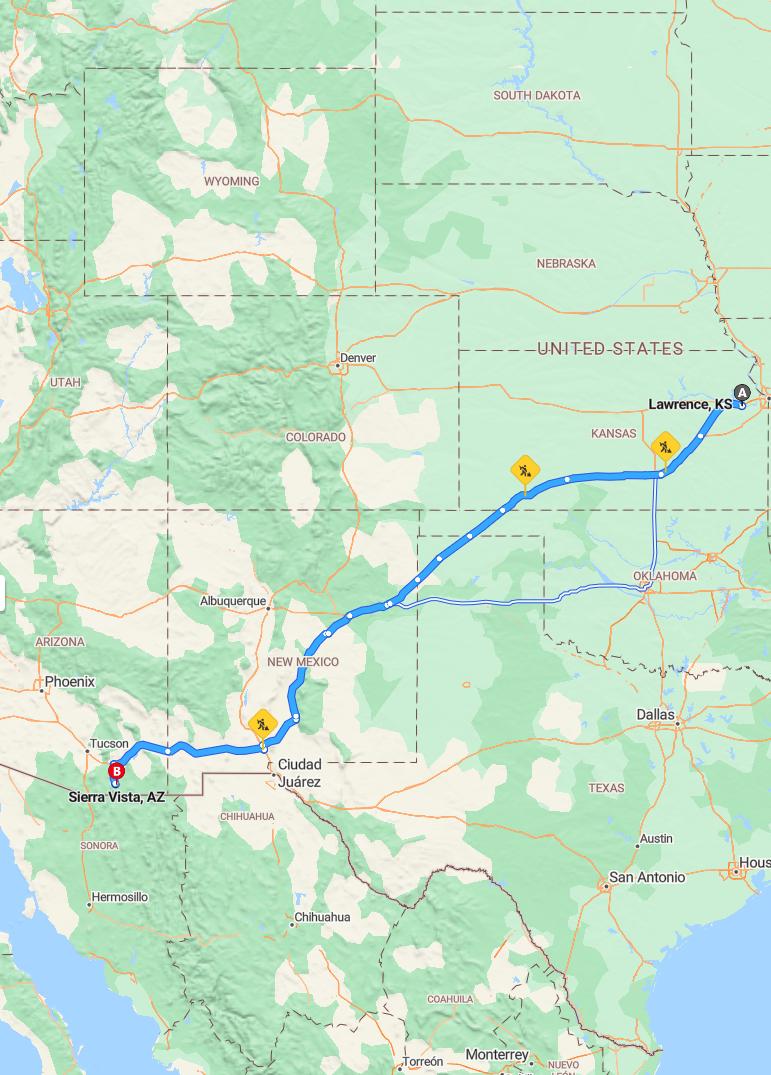 driving from Lawrence, Kansas to Sierra VistaArizona - map and route