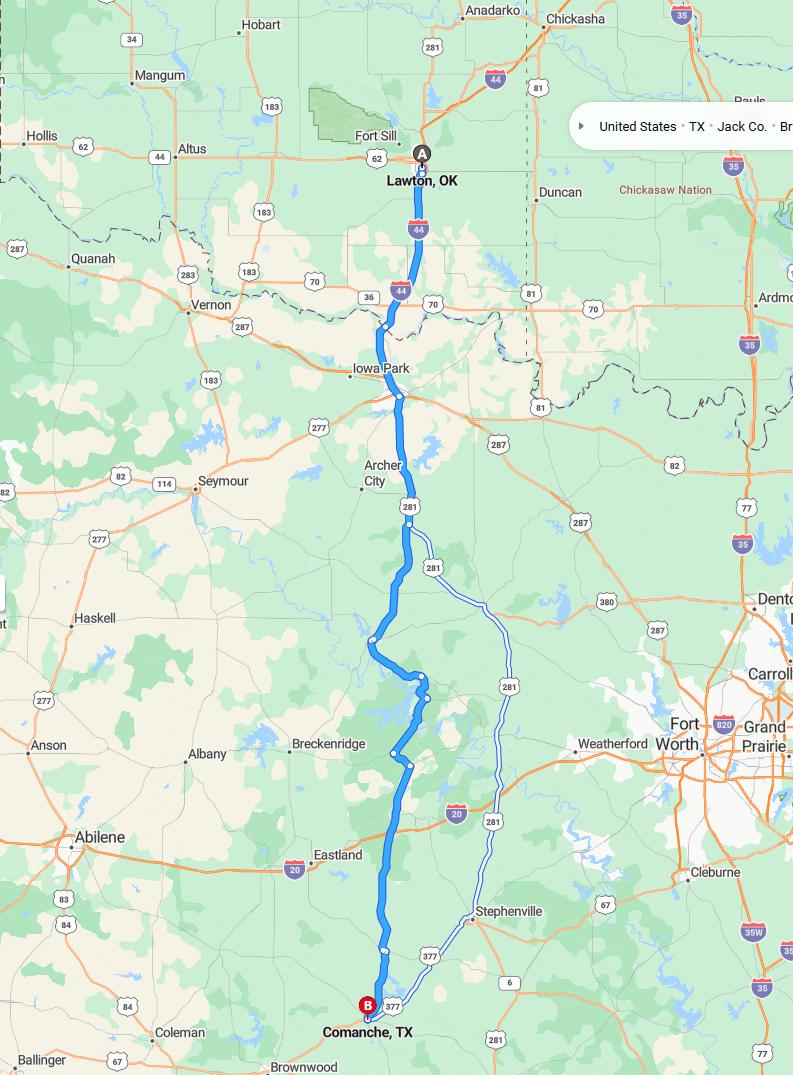 driving from Lawton, Oklahoma to ComancheTexas - map and route