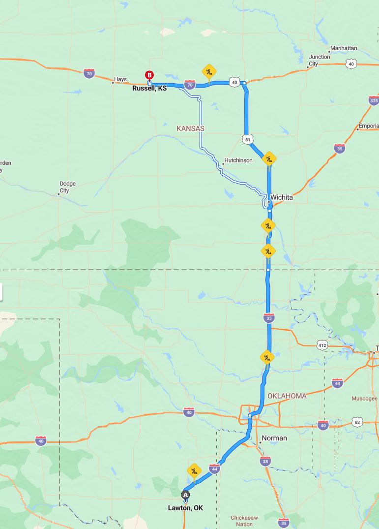 driving from Lawton, Oklahoma to RussellKansas - map and route