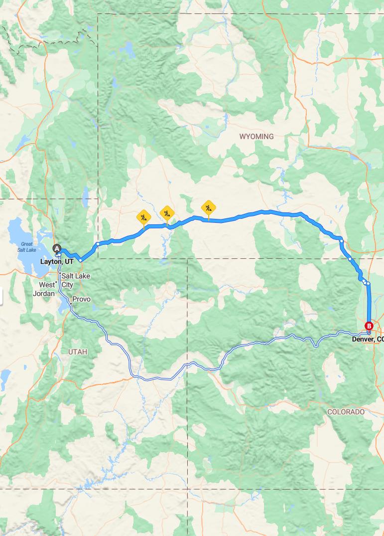 driving from Layton, Utah to DenverColorado - map and route