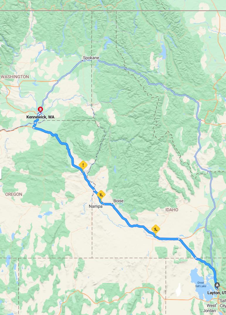 driving from Layton, Utah to KennewickWashington - map and route
