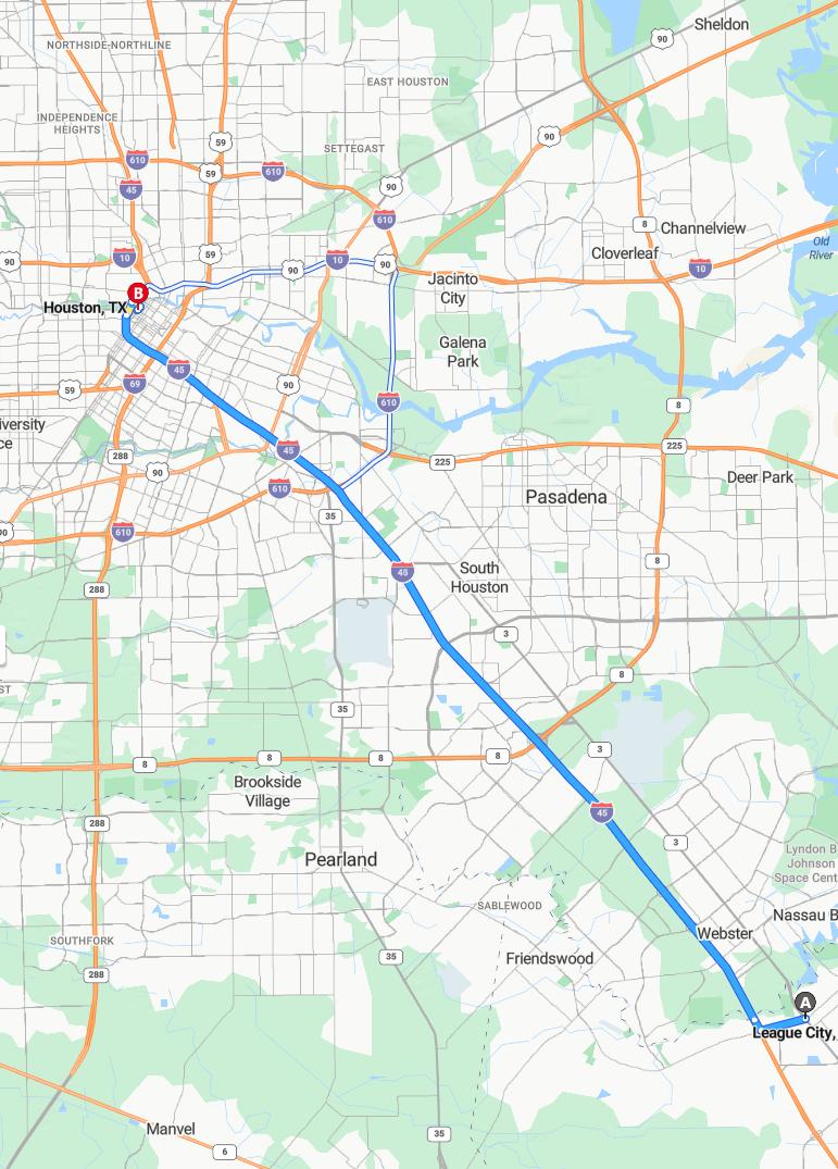 driving from League City, Texas to HoustonTexas - map and route