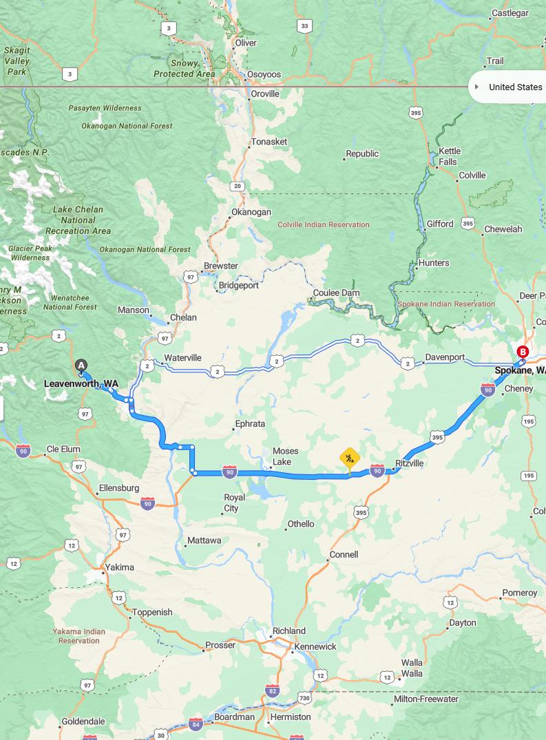 driving from Leavenworth, Washington to SpokaneWashington - map and route