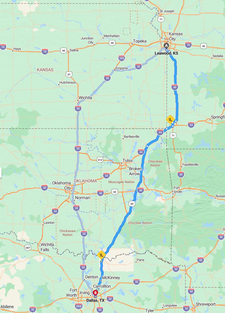 driving from Leawood, Kansas to DallasTexas - map and route