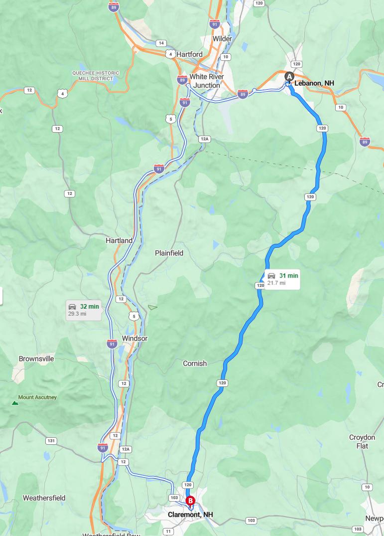 driving from Lebanon, New Hampshire to ClaremontNew Hampshire - map and route