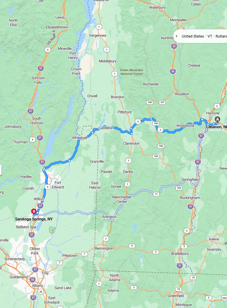 driving from Lebanon, New Hampshire to Saratoga SpringsNew York - map and route