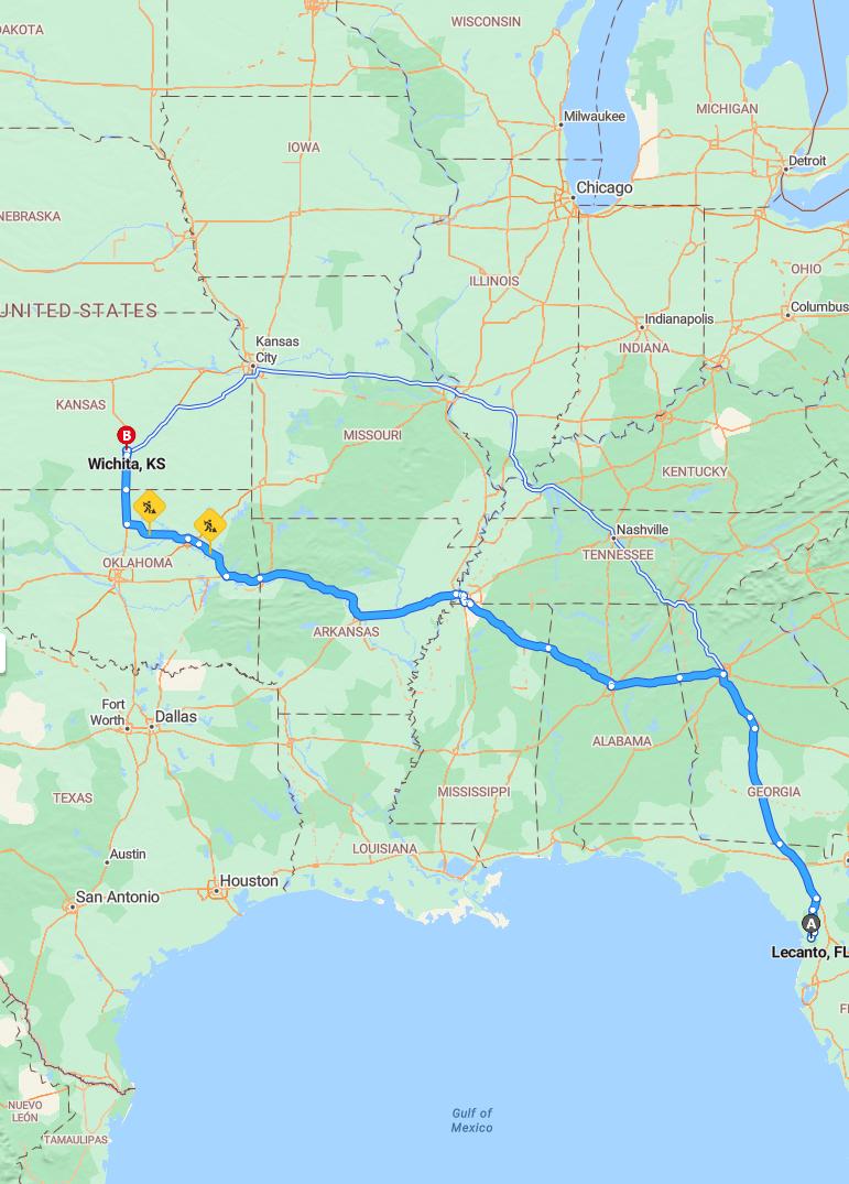 driving from Lecanto, Florida to WichitaKansas - map and route