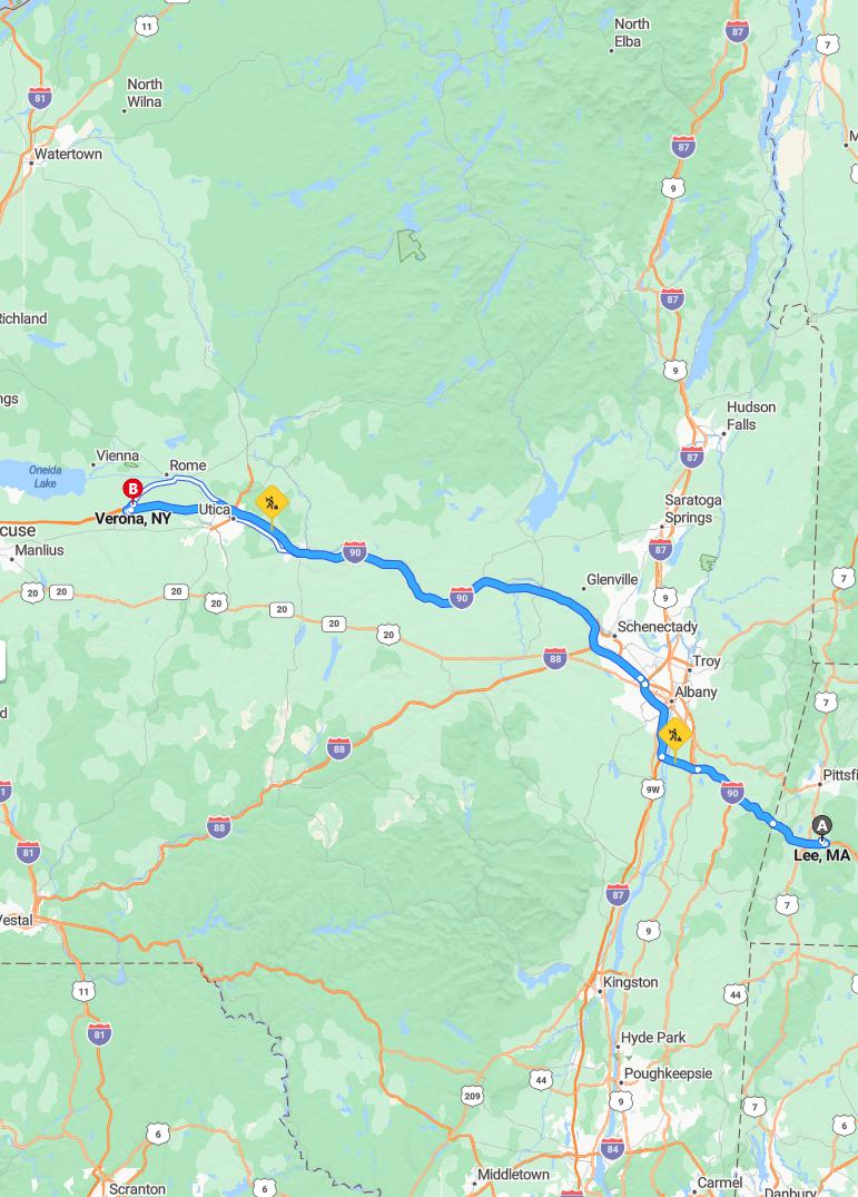 driving from Lee, Massachusetts to VeronaNew York - map and route