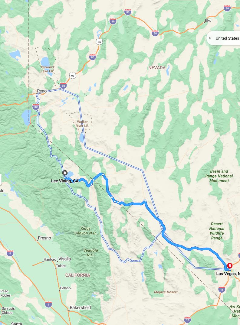 driving from Lee Vining, California to Las VegasNevada - map and route