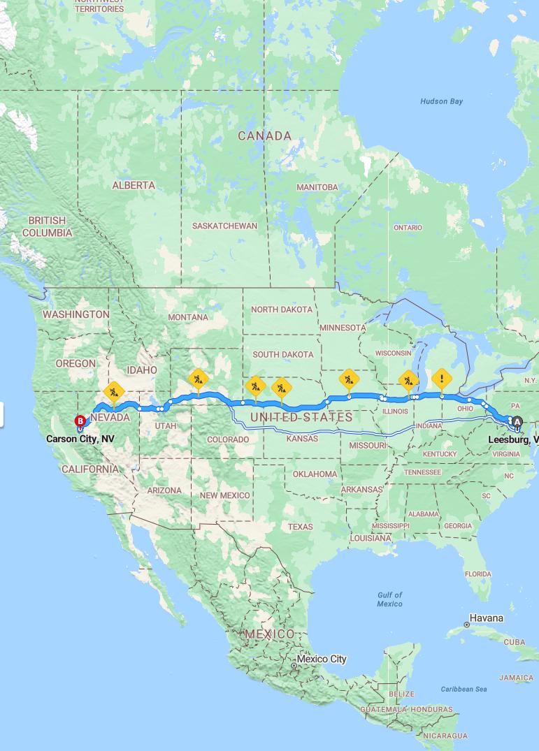 driving from Leesburg, Virginia to Carson CityNevada - map and route