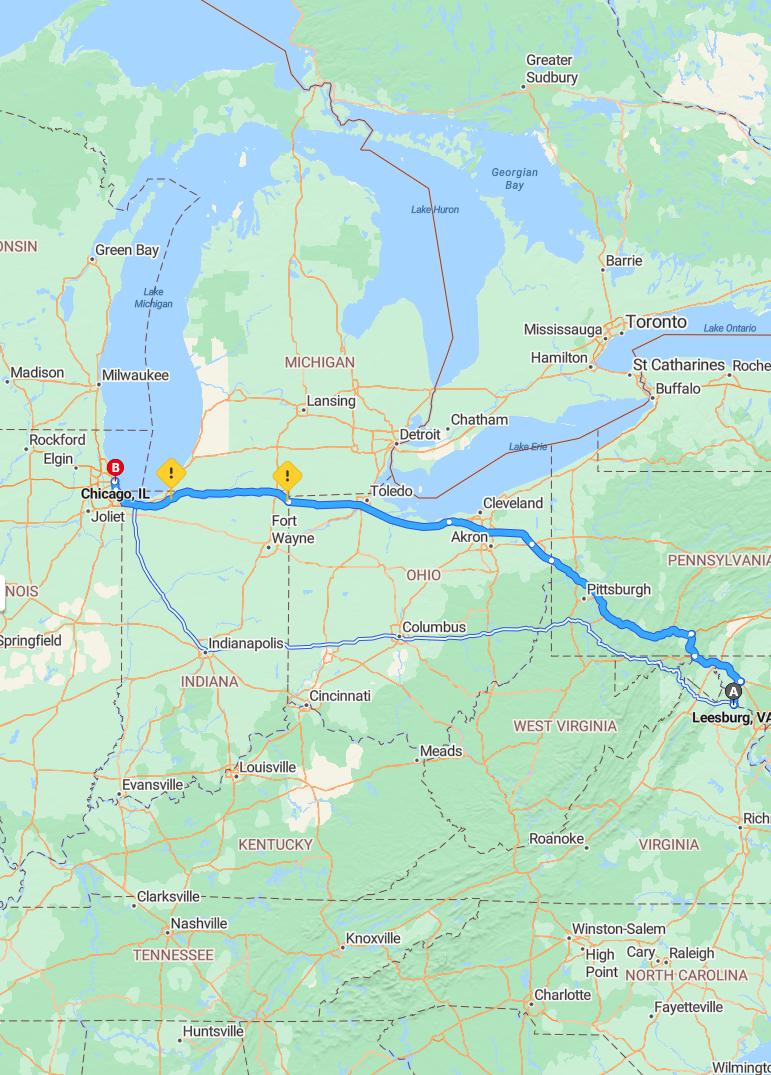 driving from Leesburg, Virginia to ChicagoIllinois - map and route