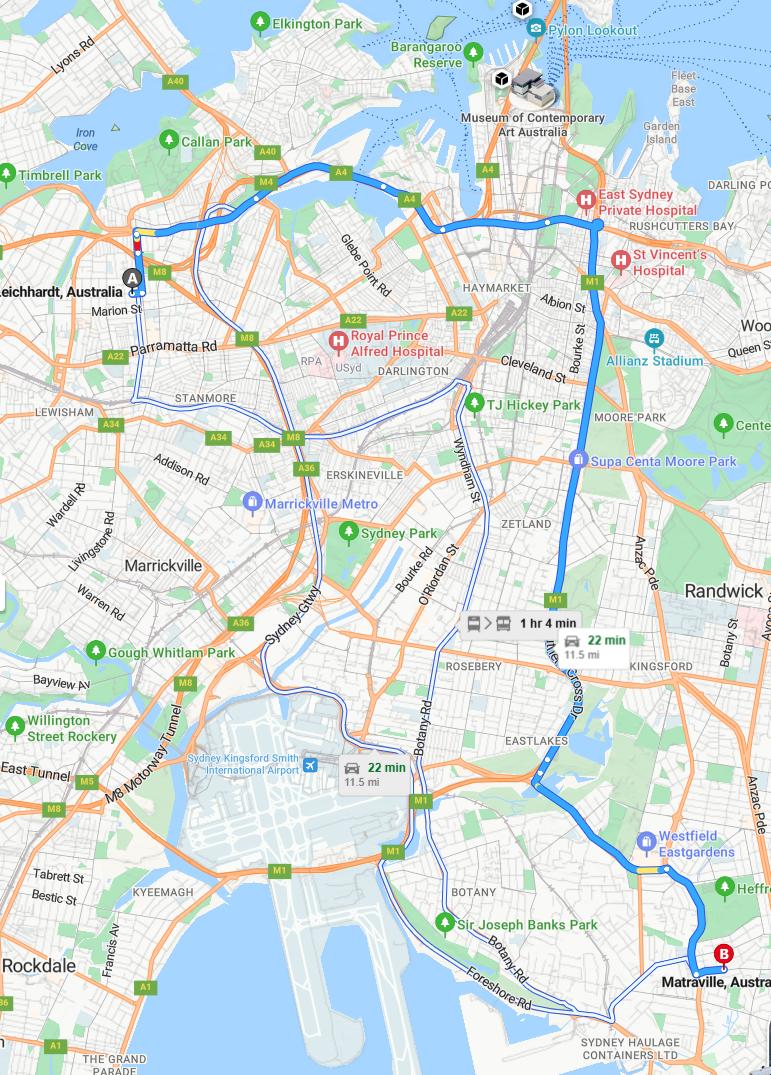 driving from Leichhardt, New South Wales to MatravilleNew South Wales - map and route
