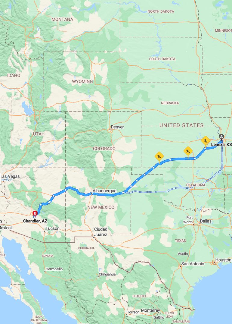 driving from Lenexa, Kansas to ChandlerArizona - map and route