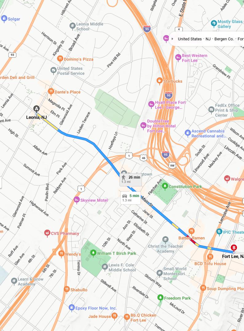 driving from Leonia, New Jersey to Fort LeeNew Jersey - map and route