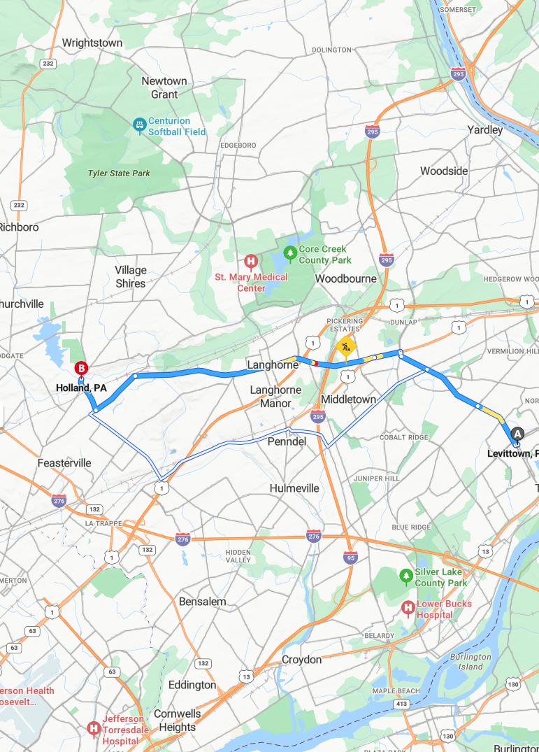 driving from Levittown, Pennsylvania to HollandPennsylvania - map and route