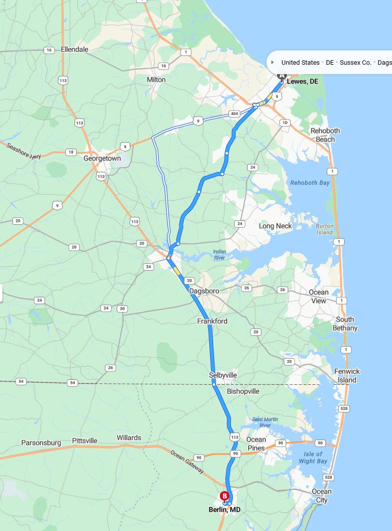 driving from Lewes, Delaware to BerlinMaryland - map and route