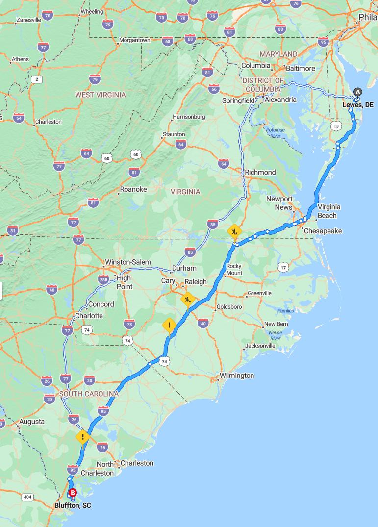 driving from Lewes, Delaware to BlufftonSouth Carolina - map and route