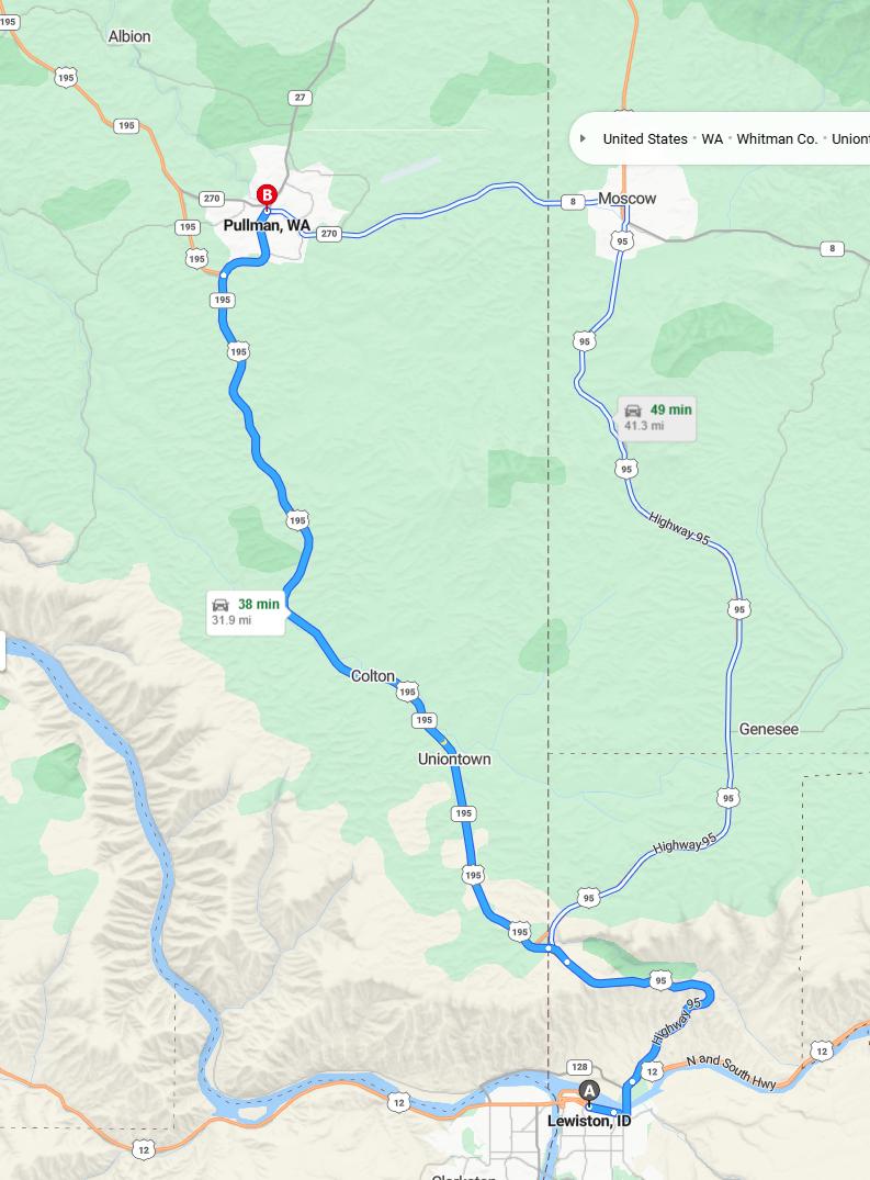 driving from Lewiston, Idaho to PullmanWashington - map and route