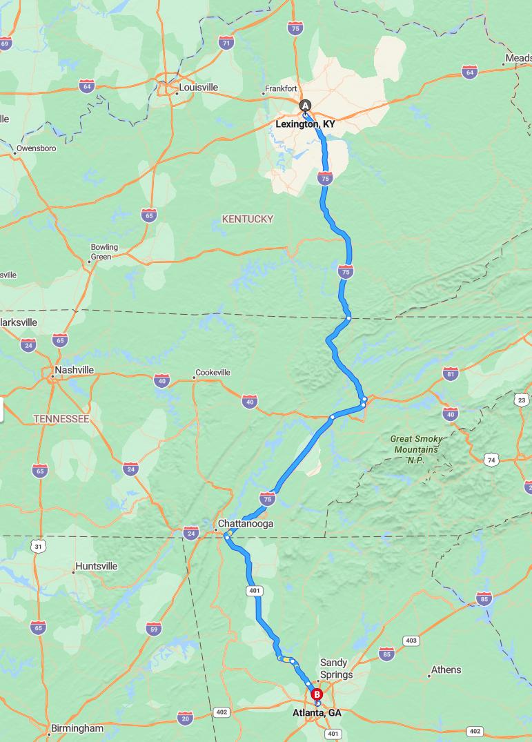 driving from Lexington, Kentucky to AtlantaGeorgia - map and route